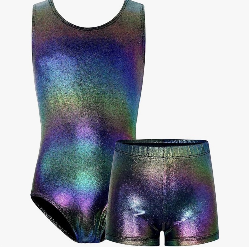 Kids Iridescent Leotard and Shorts Set - sz 6-7